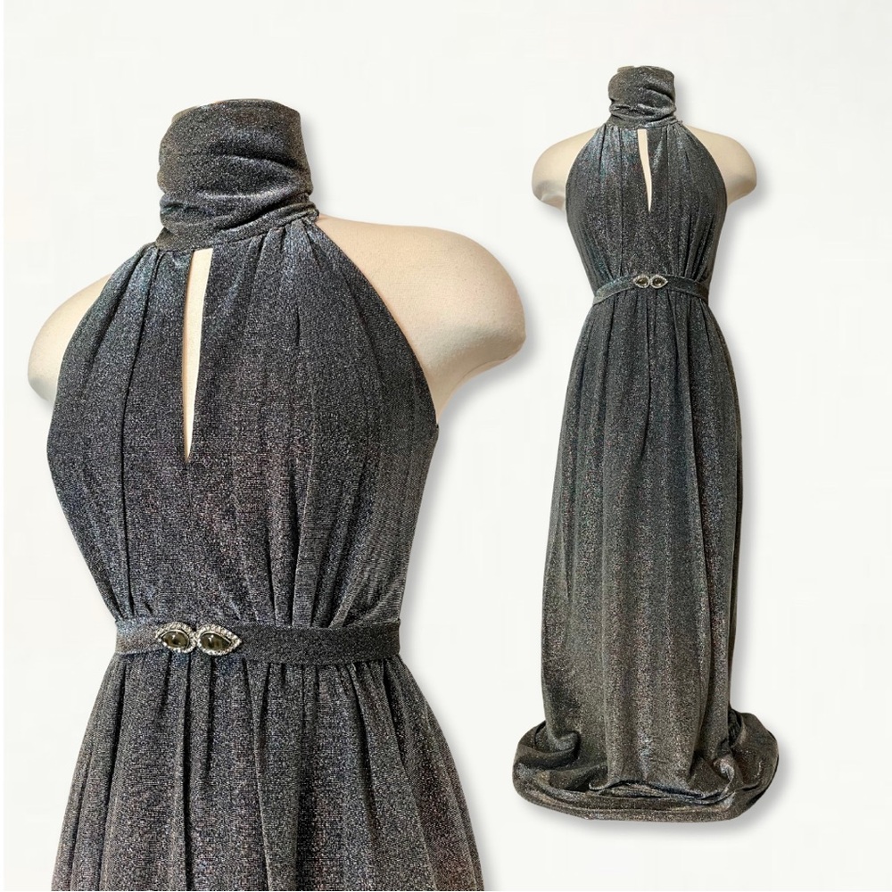 Vintage 1970s Silver Metallic Studio 54 Keyhole Jewel Belted Halter Maxi Dress - Picture 1 of 15